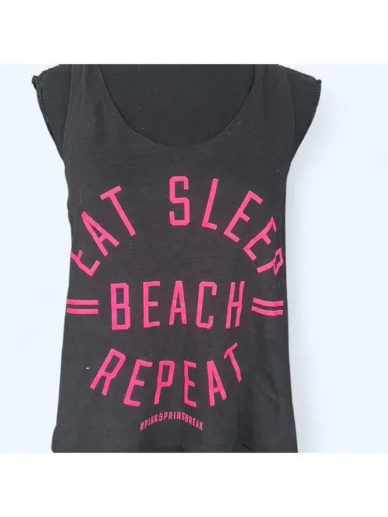 Vintage Y2K Eat Sleep Beach Repeat Black Tank Top Size Medium 🌴 - Picture 2 of 6